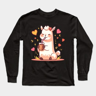 Caffeinated Love Affair: Kawaii Llama Sips Iced Coffee Long Sleeve T-Shirt